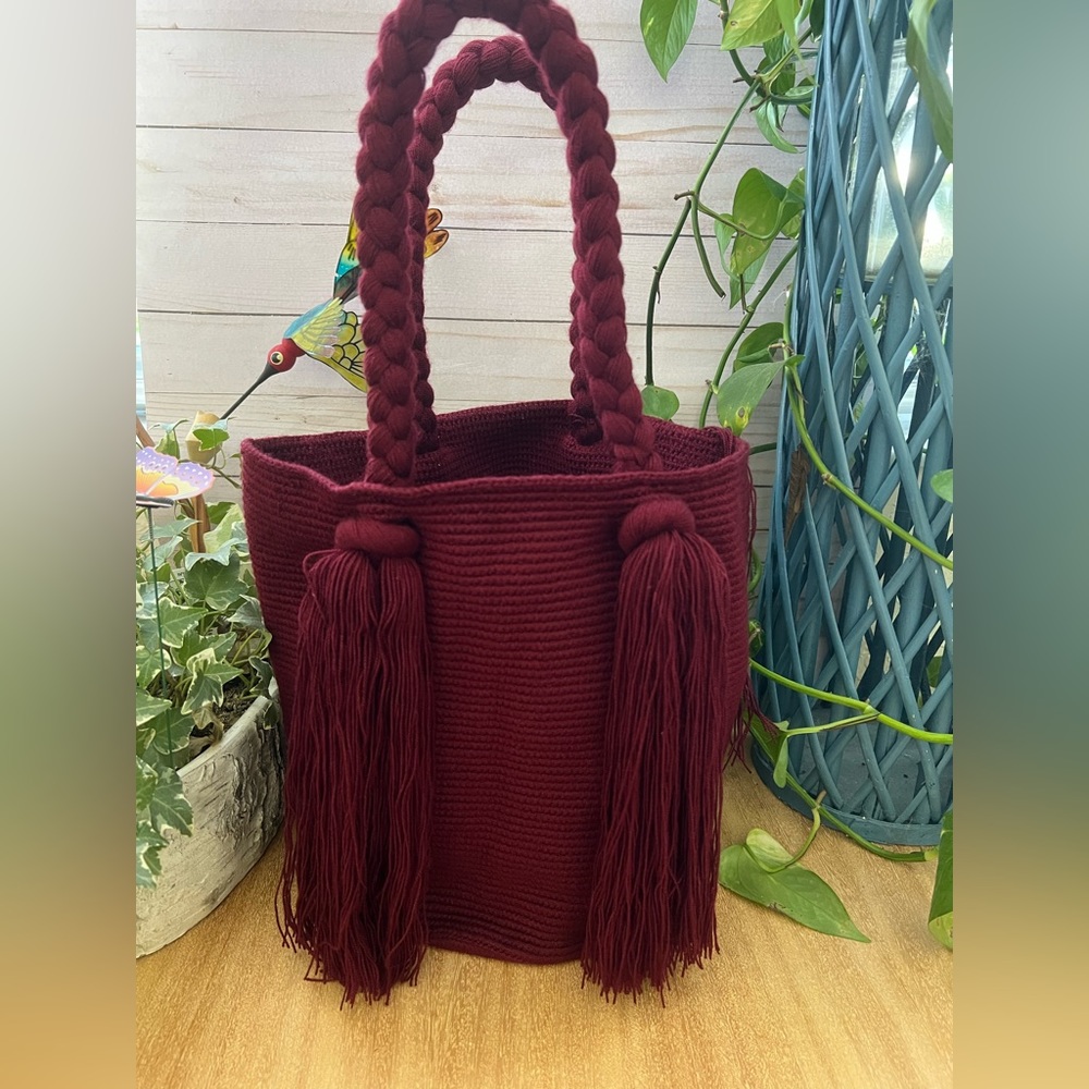 Burgundy Top Handle Wayuu Bag - Large Bohemian Hand-Knit Bag - Trendy  Tote Bag